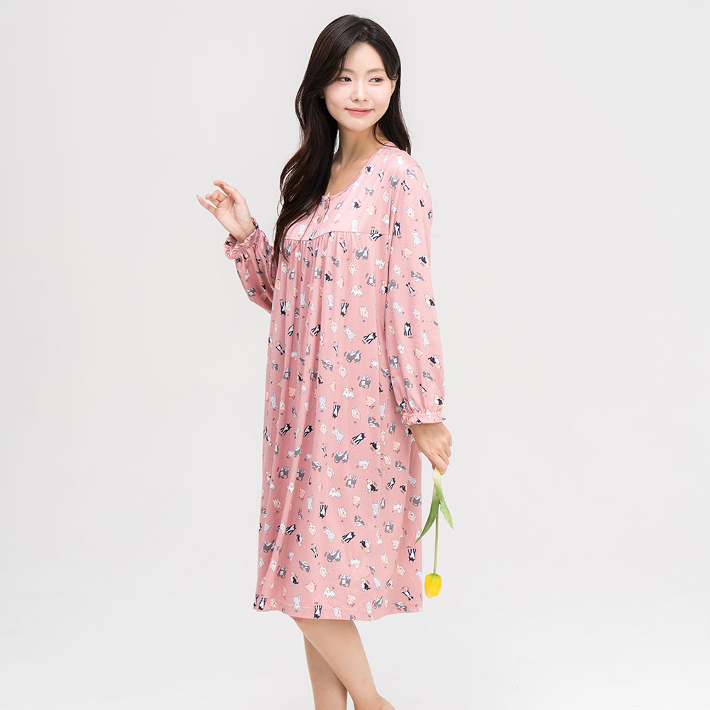 [에이원] 여성잠옷 피치기모 원피스 긴팔 잠옷 홈웨어원피스 - 상세 이미지 3
