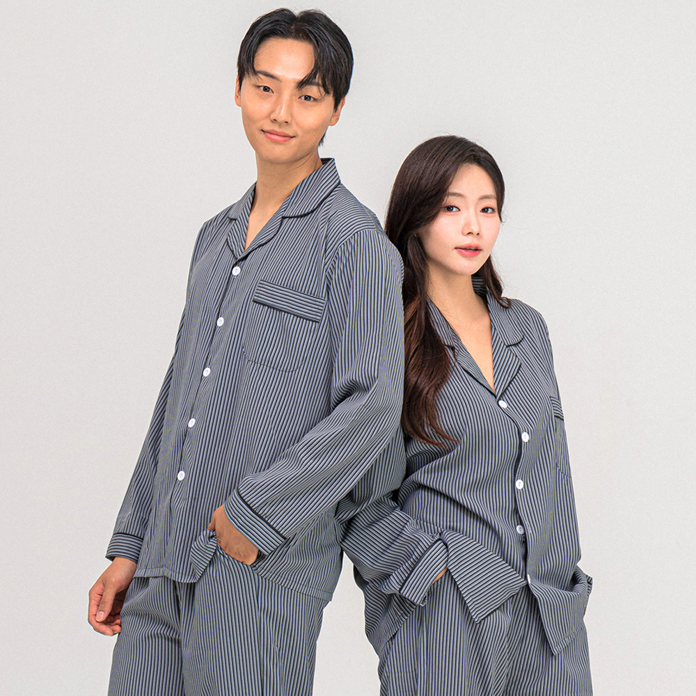 [에이원] 실키 커플파자마 카라 긴팔잠옷 홈웨어 잠옷 세트 - 상품 이미지