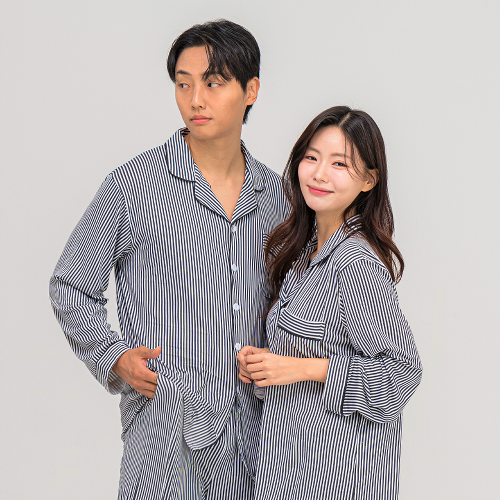 [에이원] 클래식 커플잠옷세트 카라 피치기모 긴팔 파자마 홈웨어 이미지 3