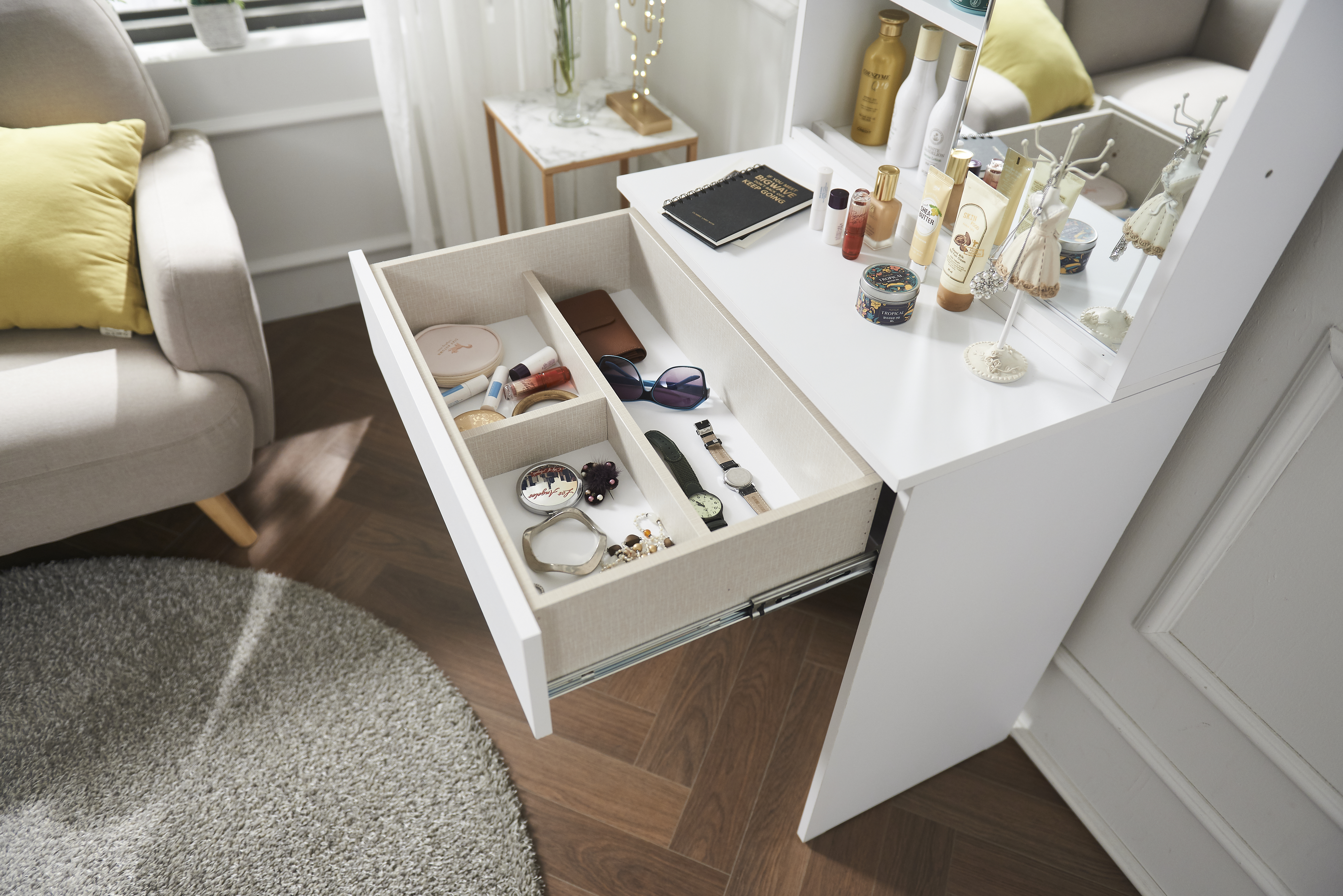 아실리 슬라이딩거울화장대 초등학생 중학생 화장대겸서랍장