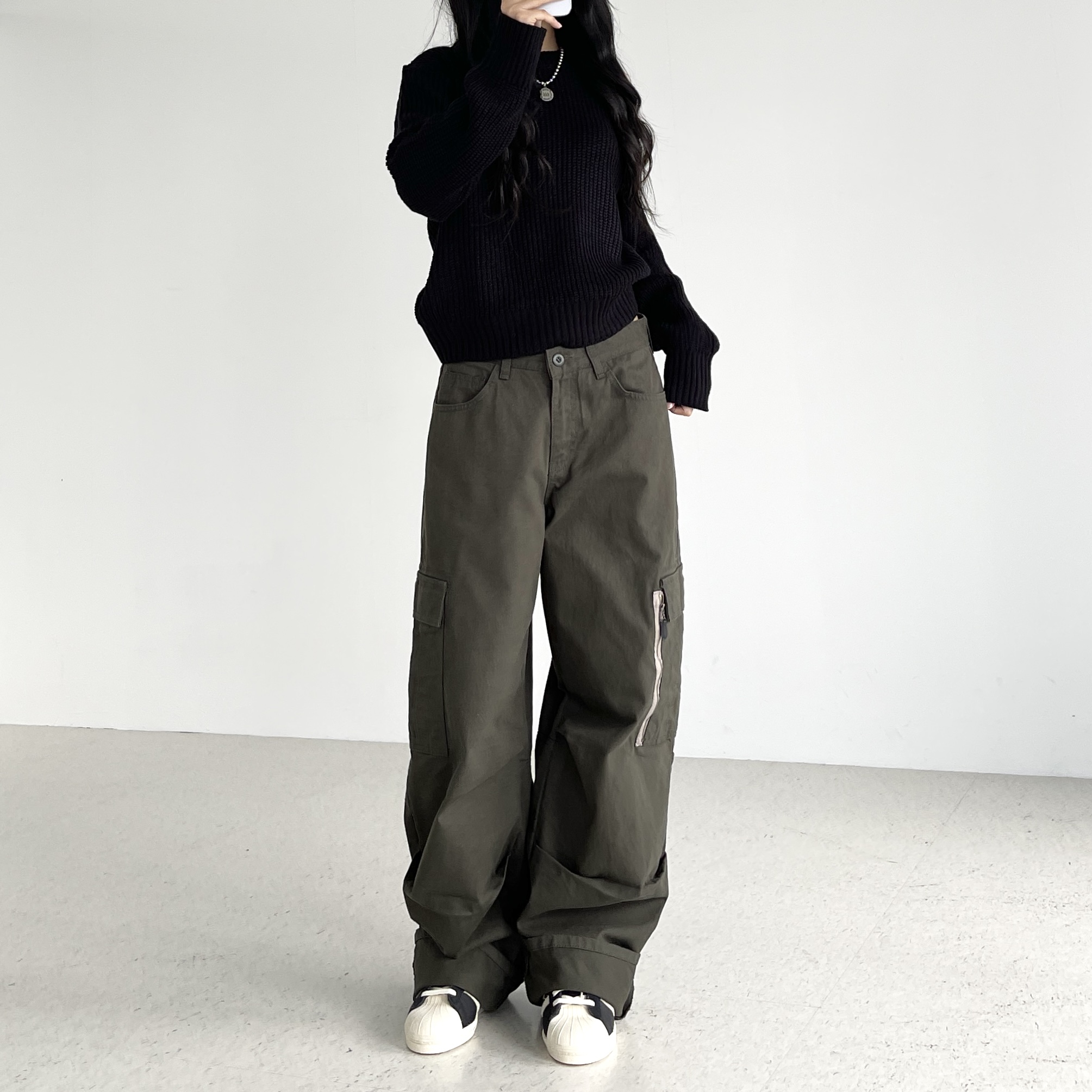 오오티제이 여성 카고팬츠 가을 겨울 코튼 면 벌룬핏 와이드 통 로우라이즈 ootj바지 - 상세 이미지 4