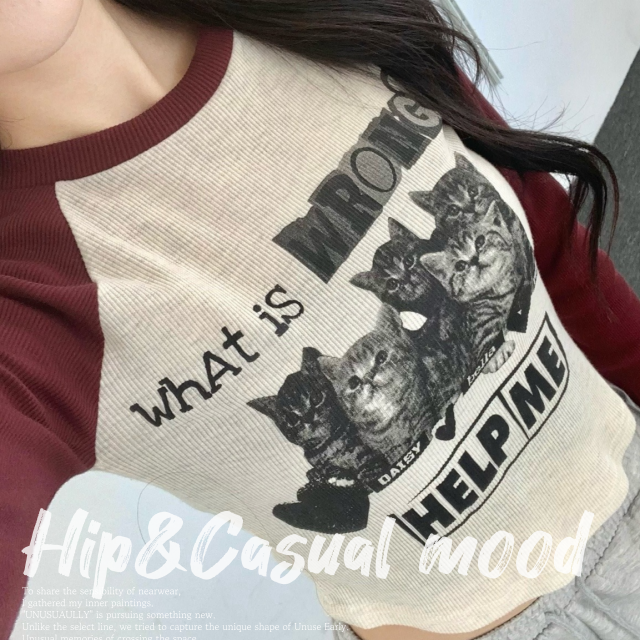 골지긴팔티 고양이 나그랑 배색 크롭 티셔츠 - 상세 이미지 3