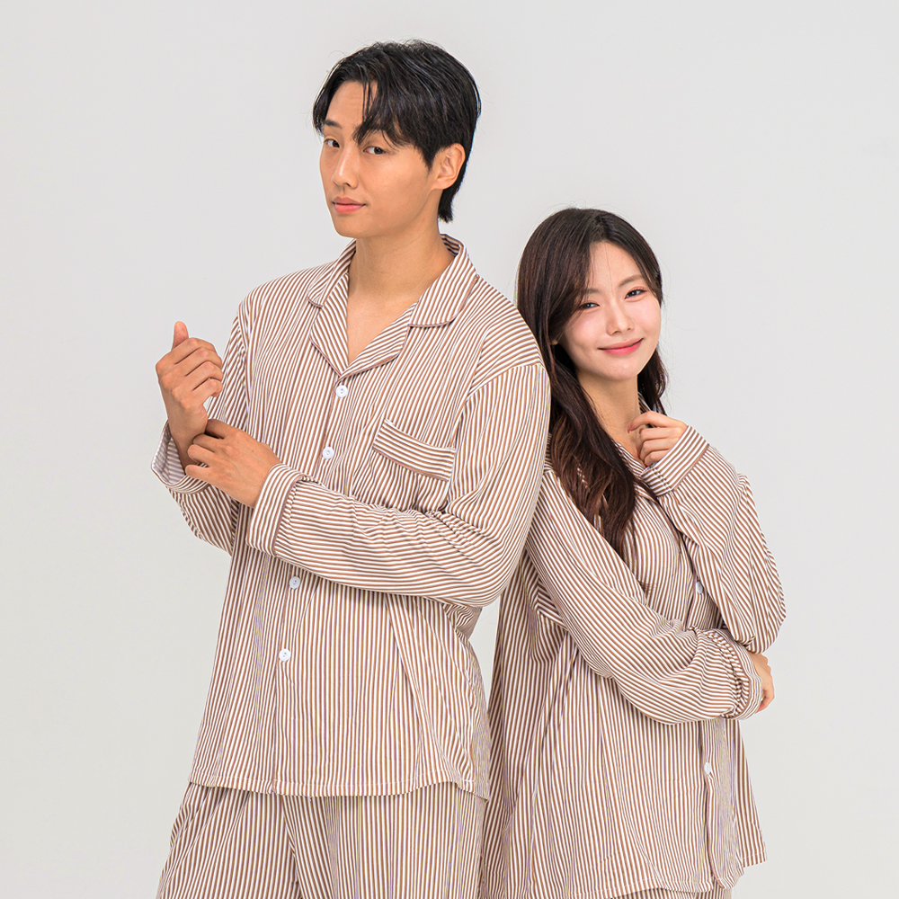 [에이원] 클래식 커플잠옷세트 카라 피치기모 긴팔 파자마 홈웨어 이미지 2