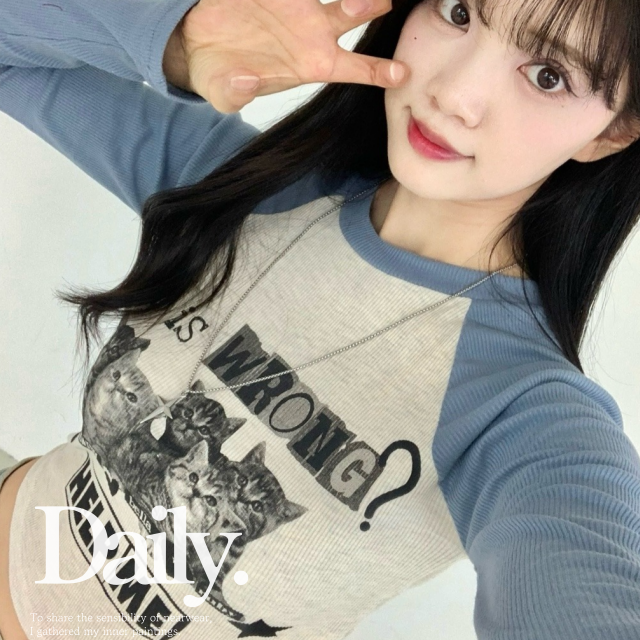 골지긴팔티 고양이 나그랑 배색 크롭 티셔츠 - 상세 이미지 4