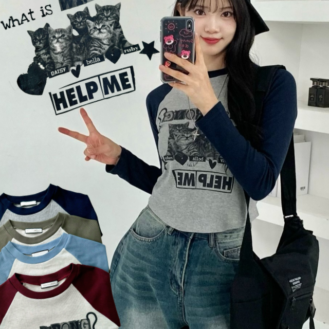 골지긴팔티 고양이 나그랑 배색 크롭 티셔츠 - 상품 이미지