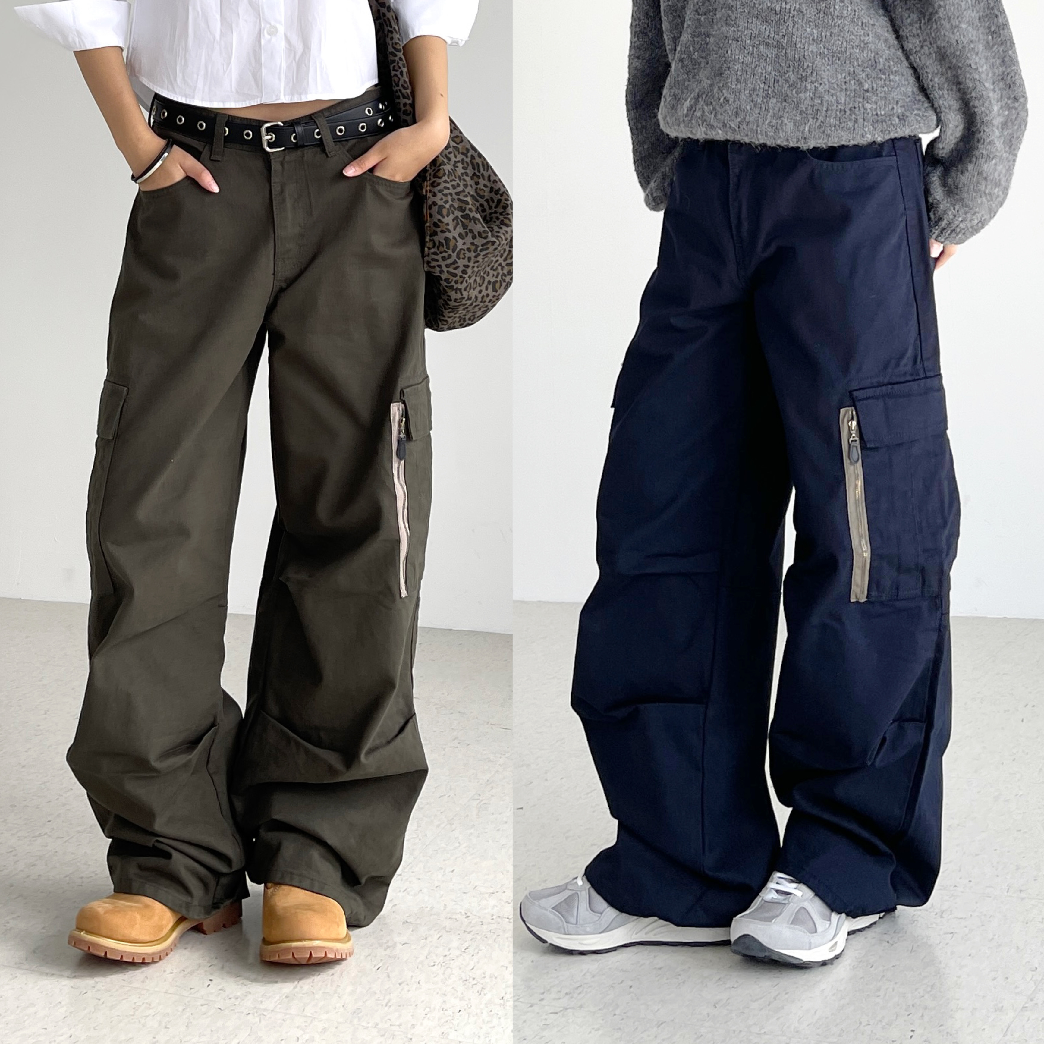 오오티제이 여성 카고팬츠 가을 겨울 코튼 면 벌룬핏 와이드 통 로우라이즈 ootj바지