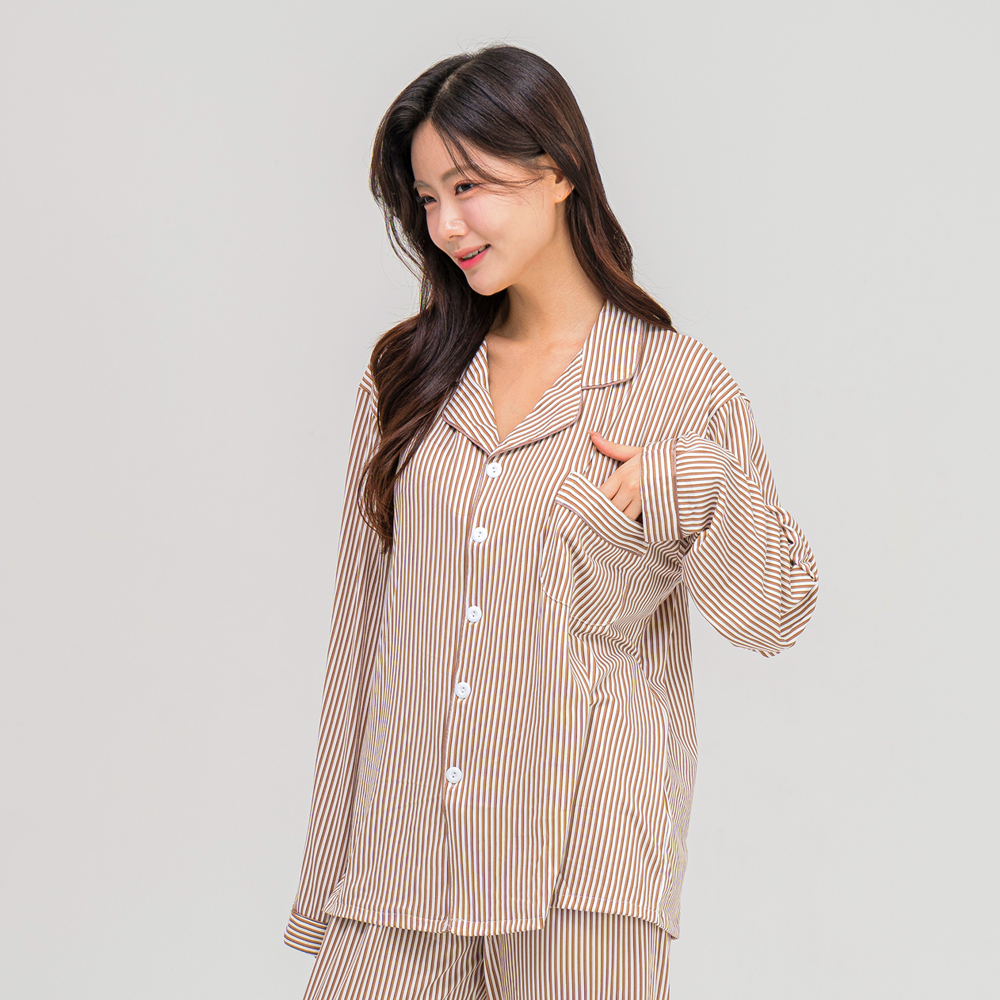 [에이원] 클래식 커플잠옷세트 카라 피치기모 긴팔 파자마 홈웨어 이미지 4
