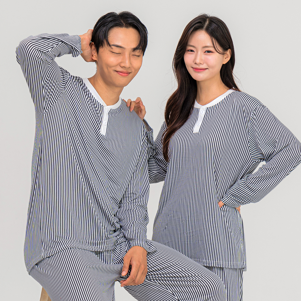 [에이원] 클래식 커플파자마 라운드 긴팔 잠옷 신혼잠옷 홈웨어 세트 - 상세 이미지 2