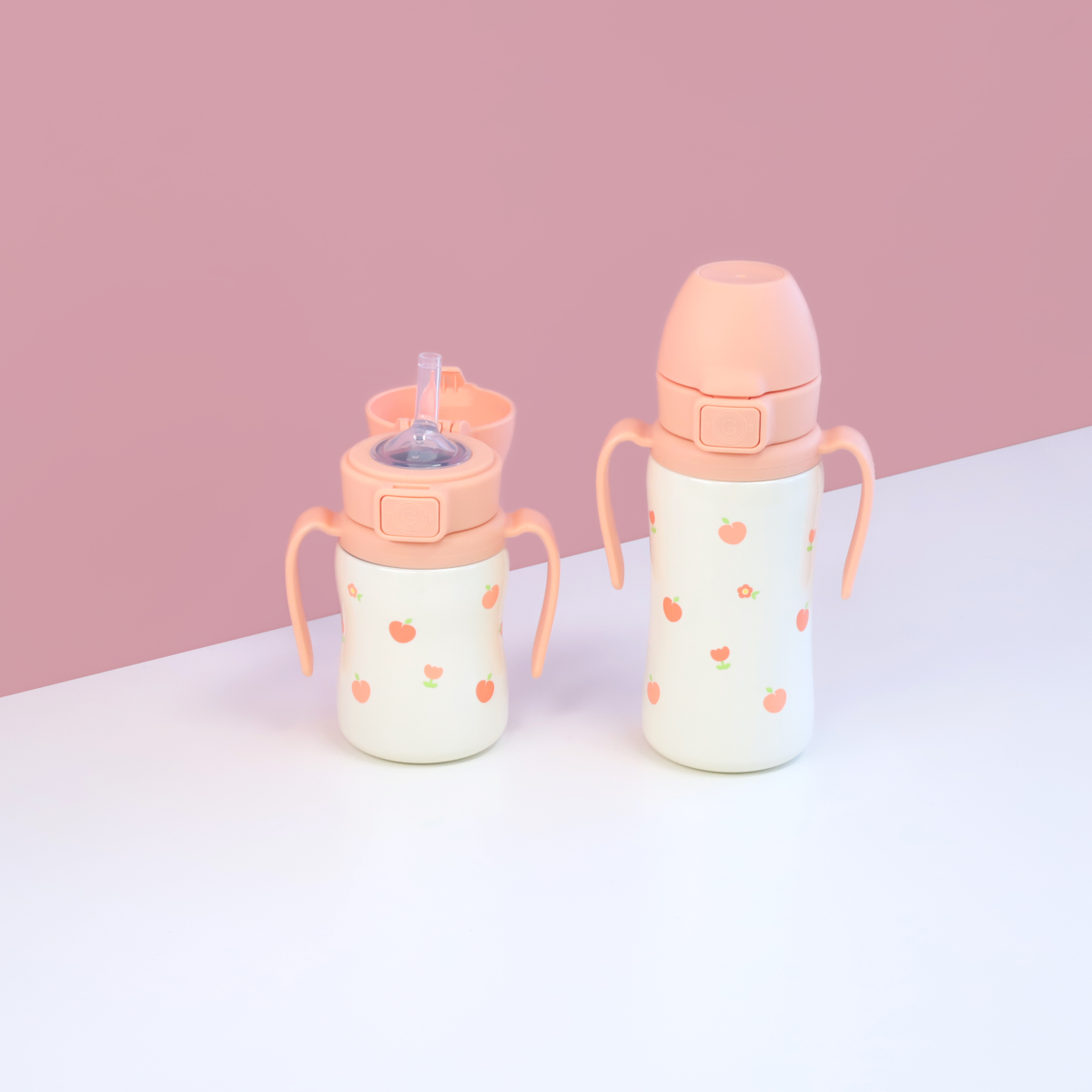 그로미미 피치플라워 원터치 스테인리스 200ml 빨대컵 (로제코랄)