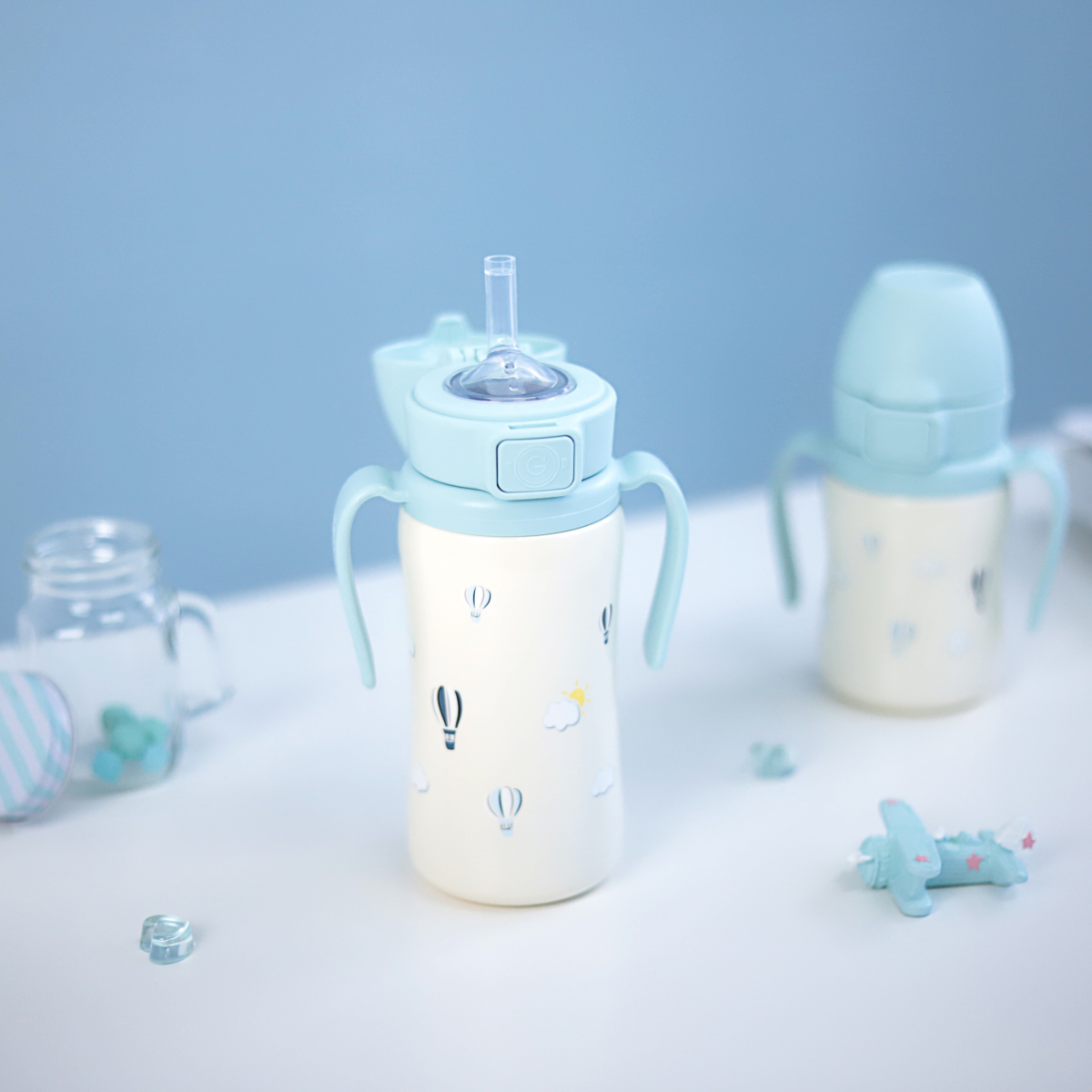 그로미미 유아빨대텀블러 원터치 스텐빨대컵 300ml 스카이벌룬 (크리미블루)