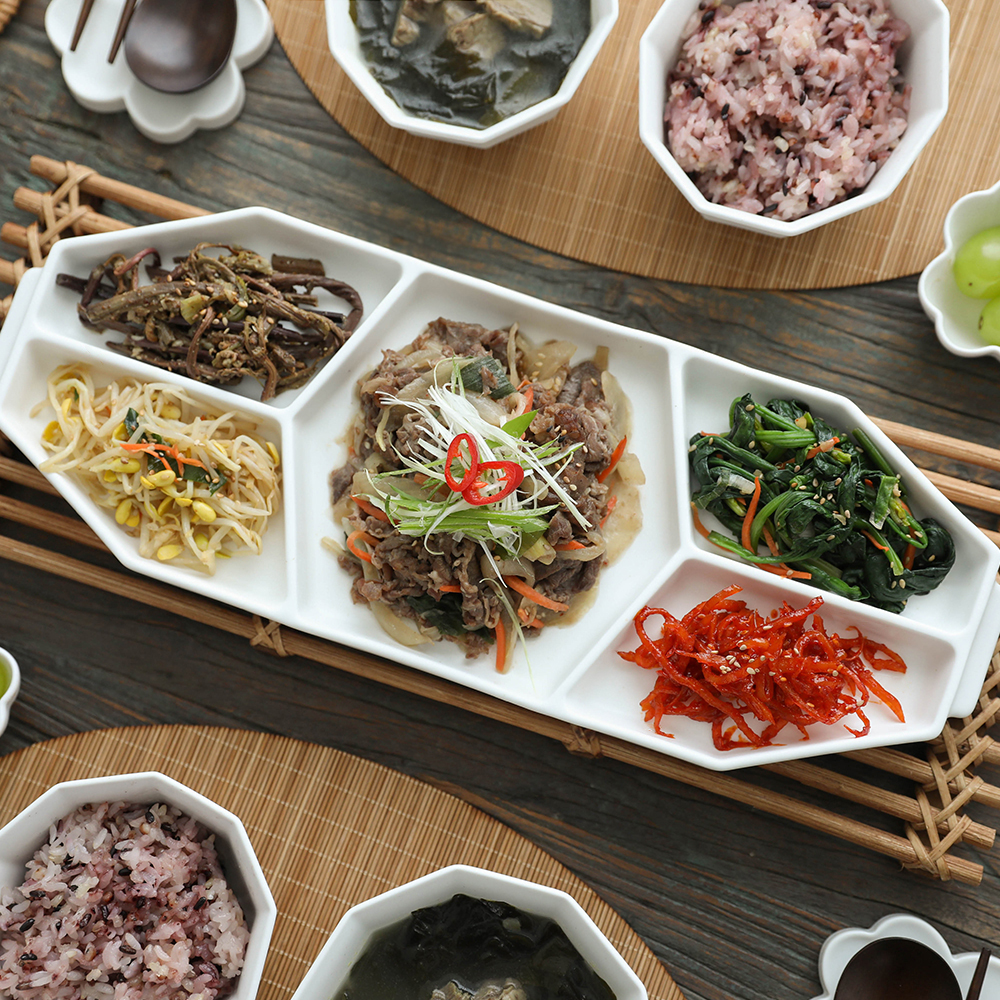소소아즈 팔각 나눔접시 더커진 5칸 플레이팅 손잡이 반찬그릇 화이트 도자기