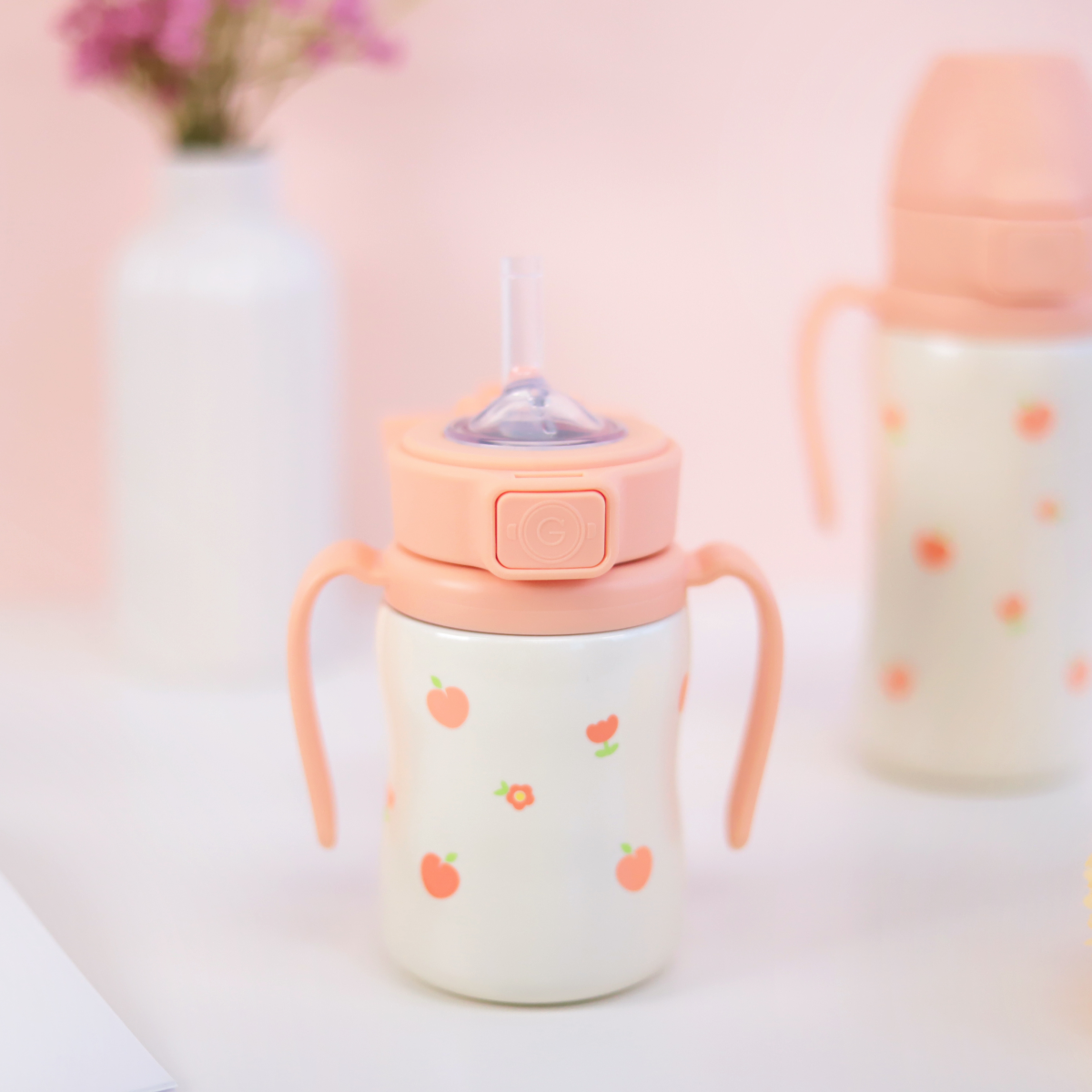 그로미미 피치플라워 원터치 스테인리스 200ml 빨대컵 (로제코랄)