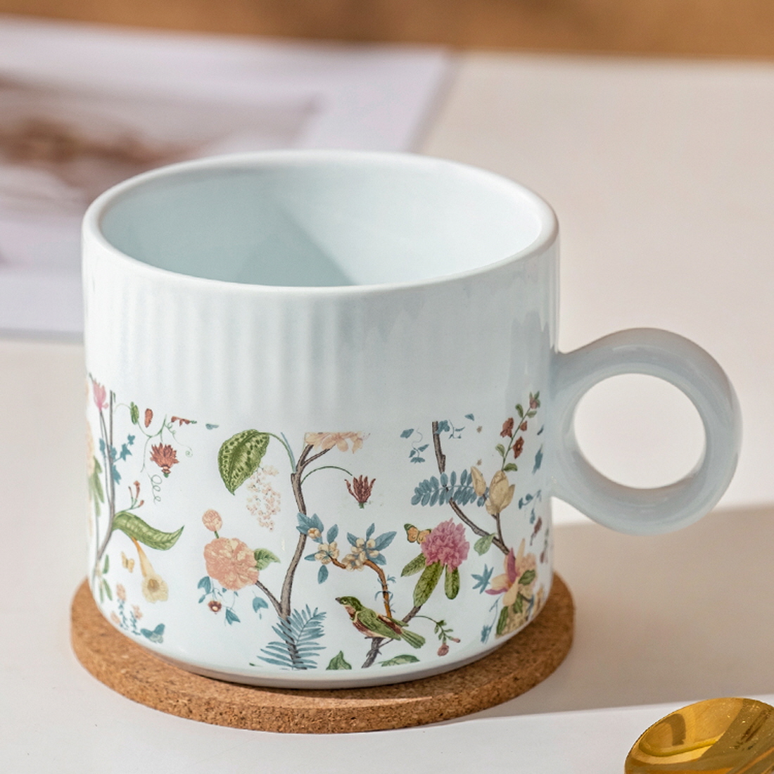 킨포크 꽃그림 홈카페 머그컵 도자기 일러스트 감성 커플 커피잔 340ml - 상세 이미지 3
