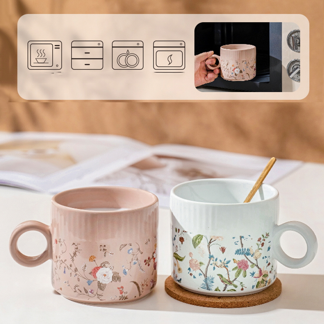 킨포크 꽃그림 홈카페 머그컵 도자기 일러스트 감성 커플 커피잔 340ml - 상세 이미지 5