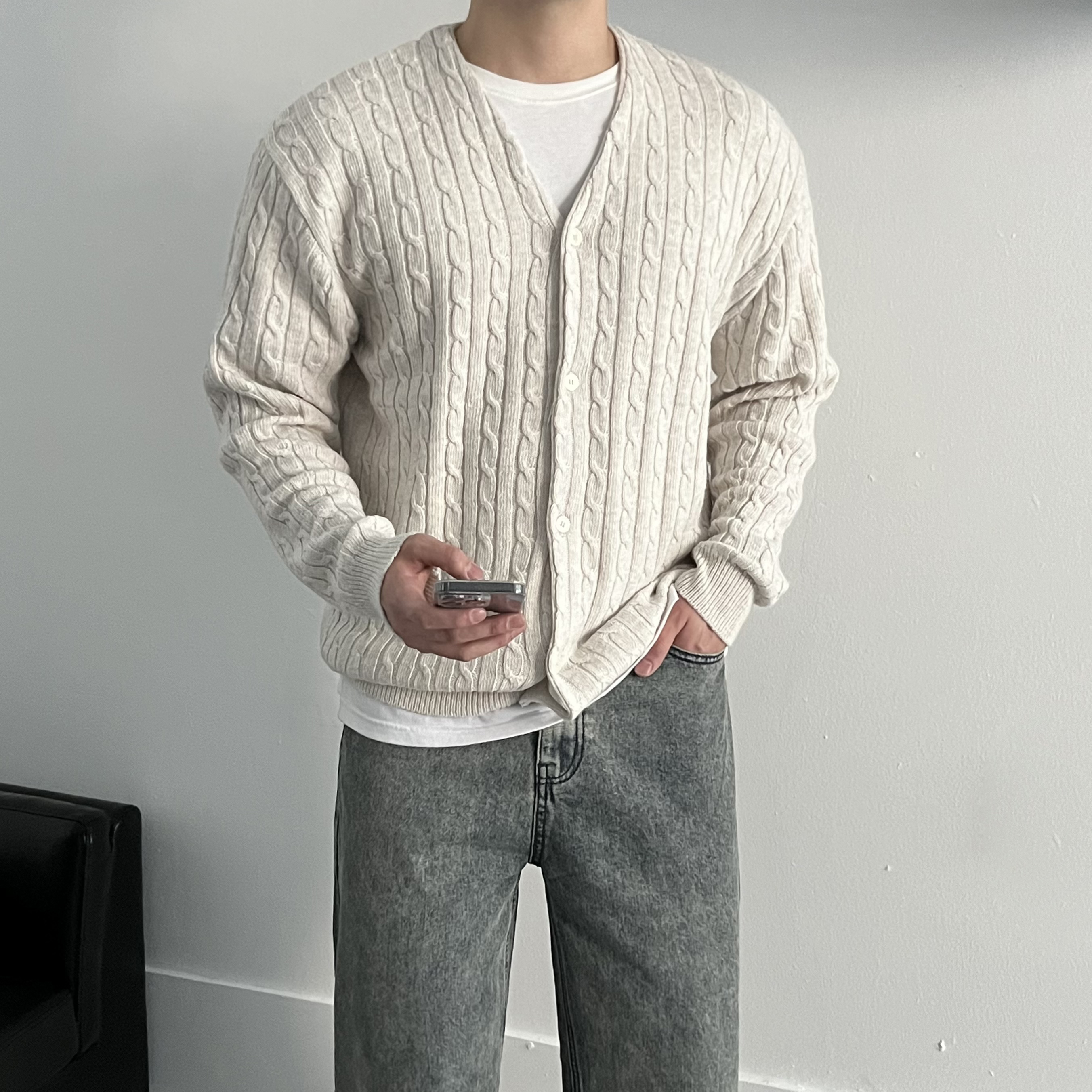 남자케이블가디건 남자가디건 브이넥 꽈배기 - 메인 이미지