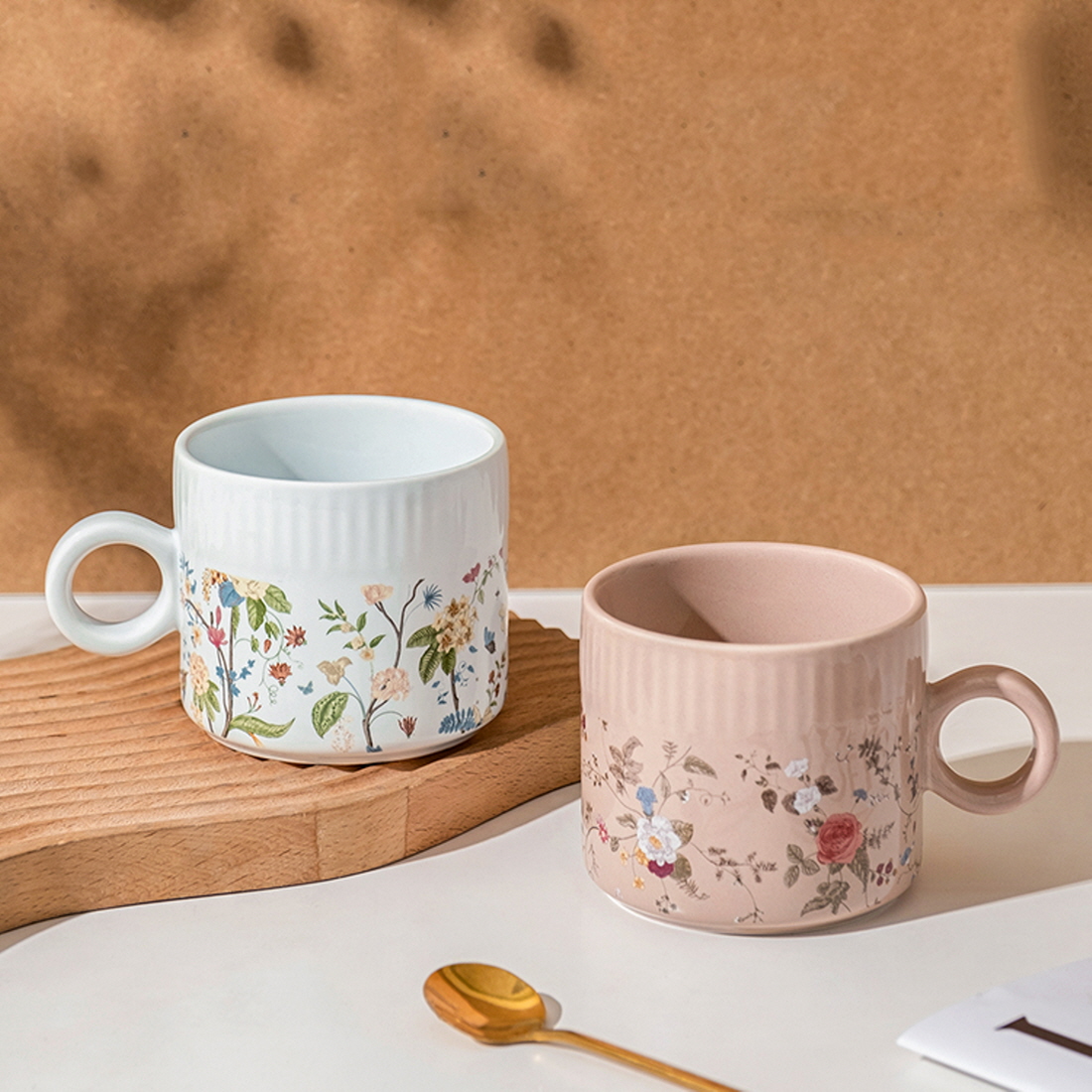 킨포크 꽃그림 홈카페 머그컵 도자기 일러스트 감성 커플 커피잔 340ml - 상세 이미지 2