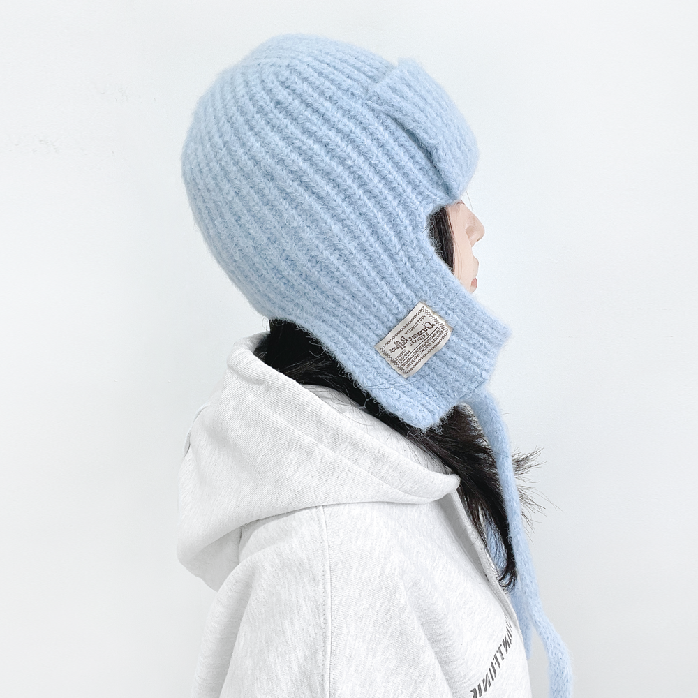 빈티지 라벨 남녀공용 겨울 스트랩 방한 니트 귀도리 모자