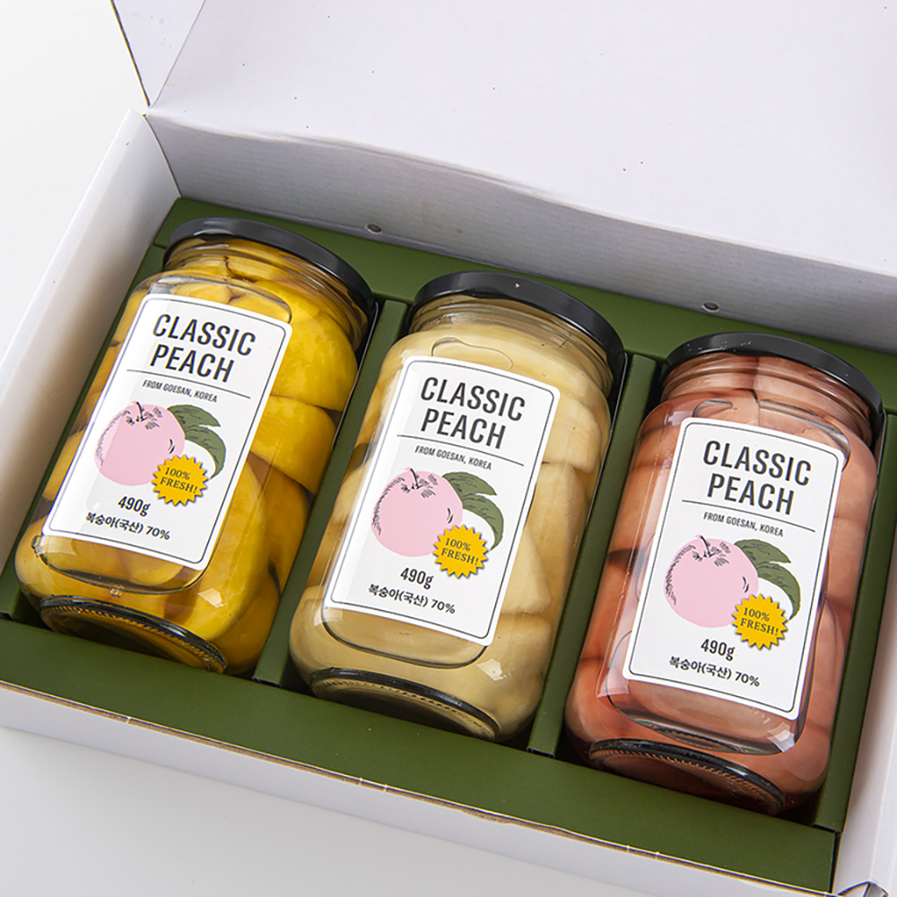 (클래식농원)국내산 햇 복숭아병조림 3병 선물세트 황도 백도 핑크백도 어르신간식 술안주