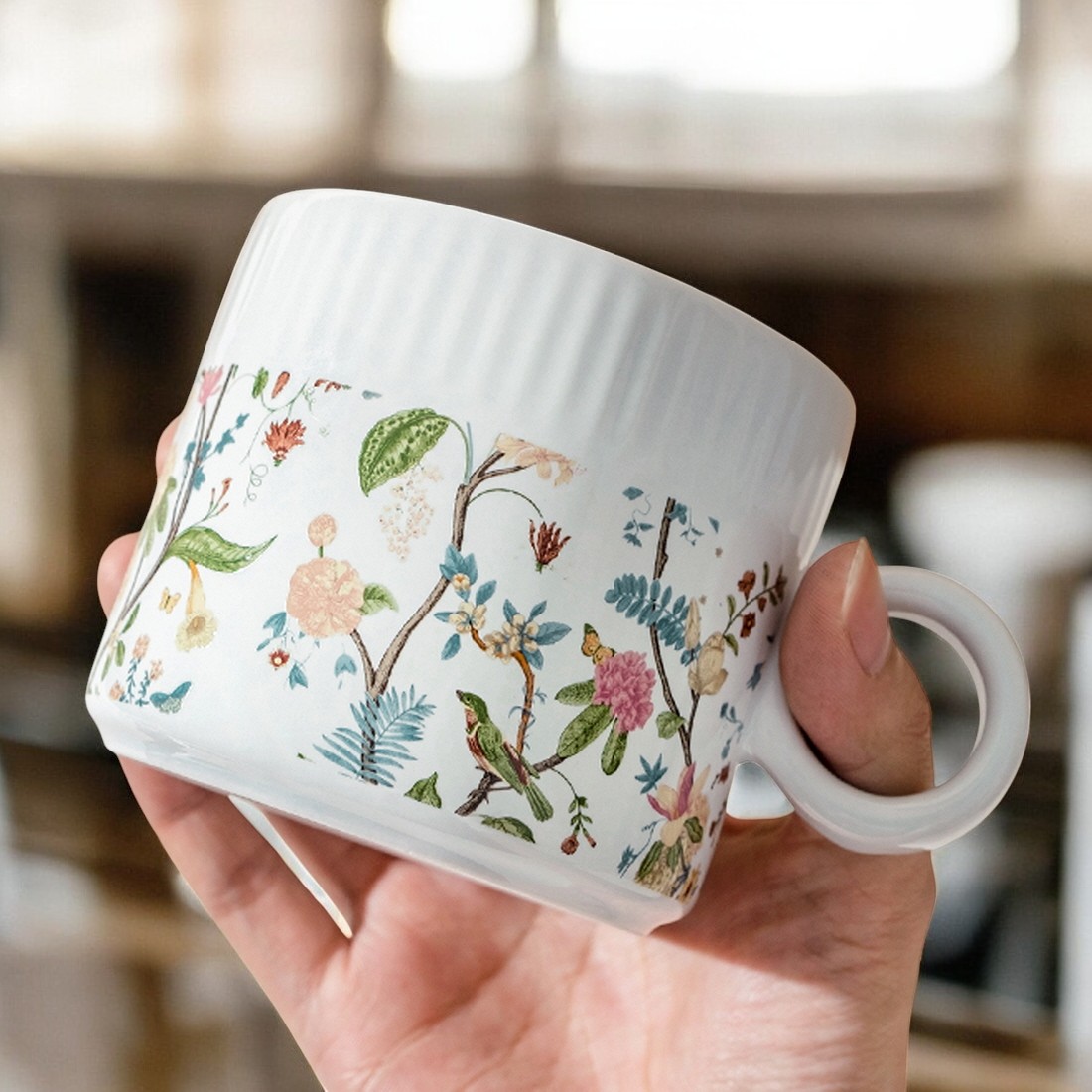 킨포크 꽃그림 홈카페 머그컵 도자기 일러스트 감성 커플 커피잔 340ml - 상품 이미지