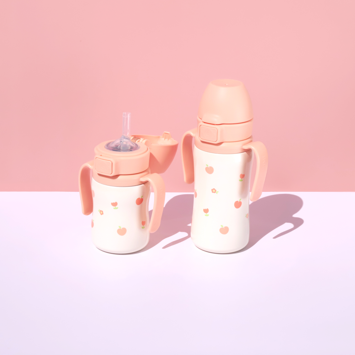 그로미미 피치플라워 원터치 스테인리스 200ml 빨대컵 (로제코랄)