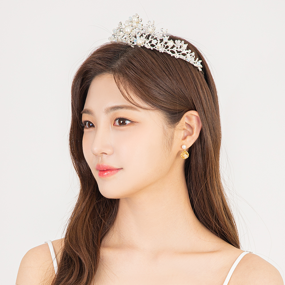 진주플라워 티아라 큐빅 헤어밴드 셀프웨딩 왕관 머리띠 - 상품 이미지