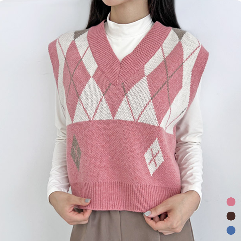 아가일니트조끼 여성 봄 가을 브이넥 V넥 레이어드 베스트