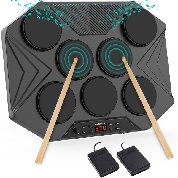 전자 테이블 상판 드럼 세트 휴대용 디지털 키트 7 속도 감도 패드 LED 음악 레벨 조명 USB-MIDi Mac 및 PC 지원 성인 초보자에게 이상적인... 