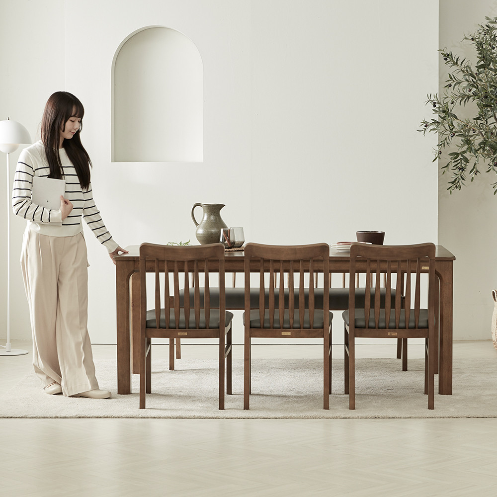 로렌 6인용 고무나무 원목 식탁세트 3인벤치1+의자3