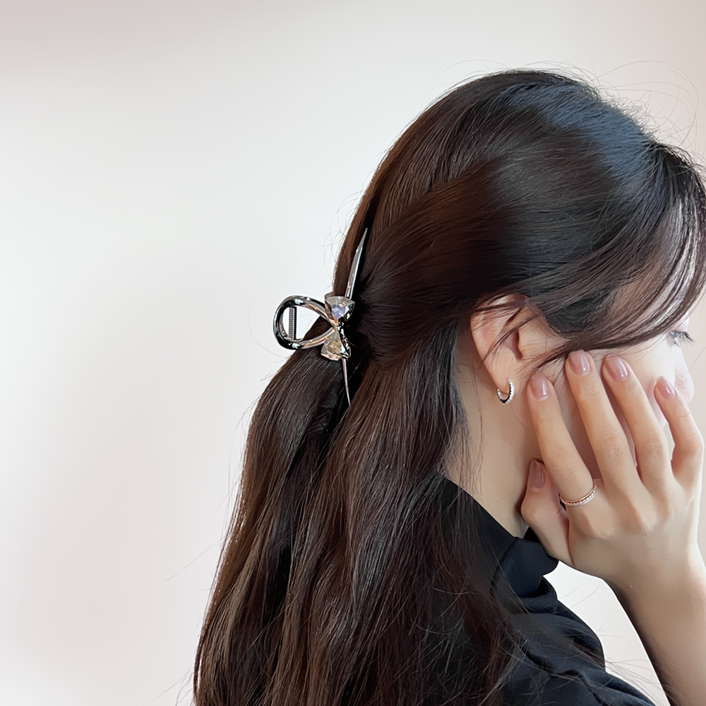 크리스탈 리본 메탈 올림머리 반묶음 헤어 머리 집게핀 - 상세 이미지 2