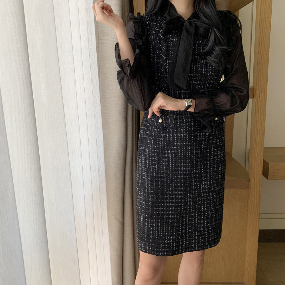 고급 진주 H라인 트위드 원피스 결혼식 하객룩 민소매 레이어드 하객 원피스 블랙 - 상세 이미지 2