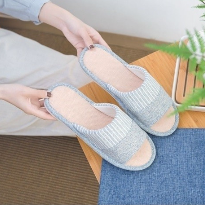 층간소음 거실화 린넨 쿠션 거실 실내 슬리퍼 사무실 실내화 투톤 스트라이프 여성 블루