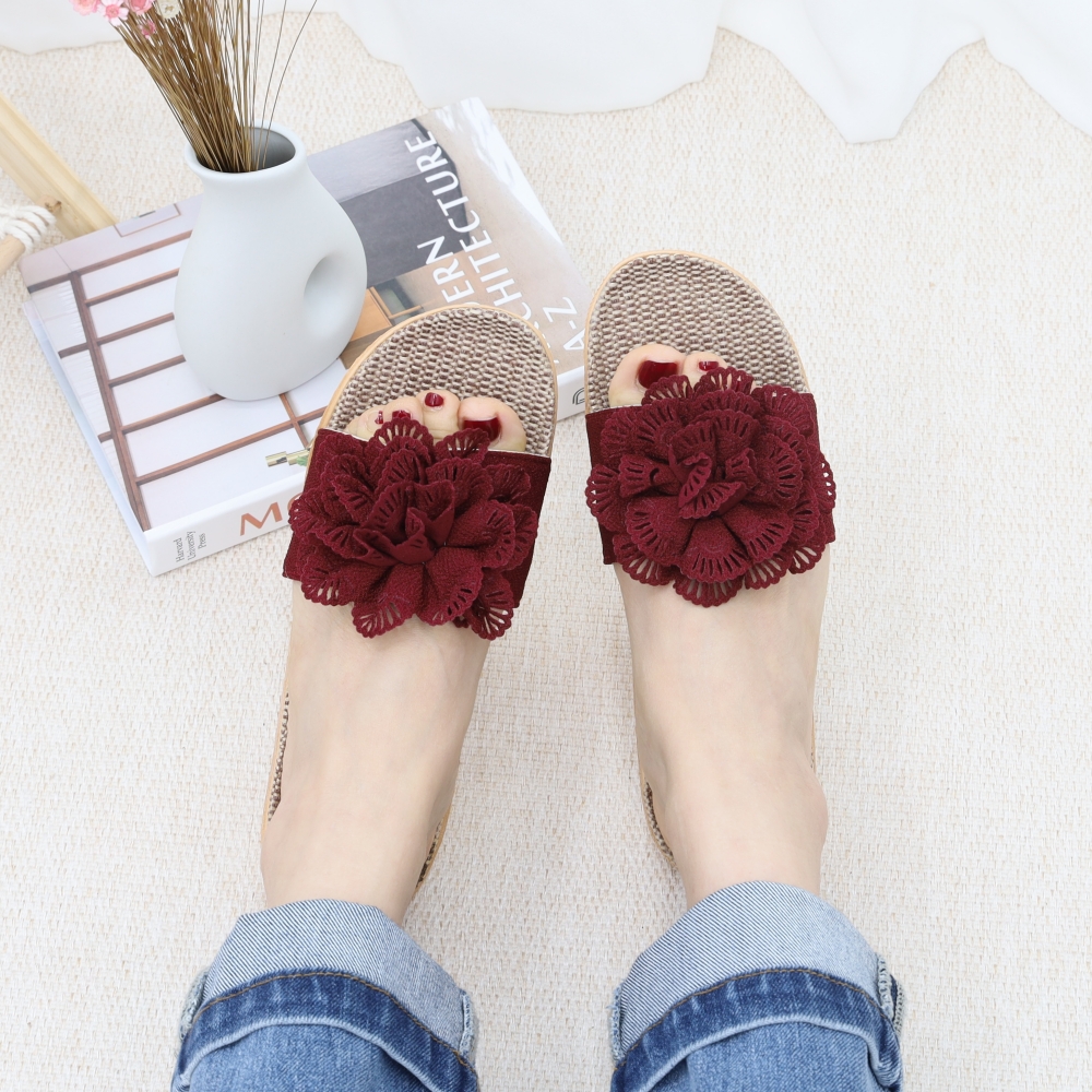여성 여름슬리퍼 발편한 왕골 라탄 슬리퍼 실내화 코사지 포인트 레드
