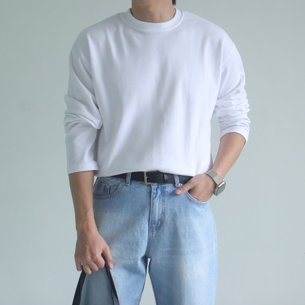 1+1 남자긴팔티 빅사이즈 이너 흰색 무지 티셔츠 - 상세 이미지 4