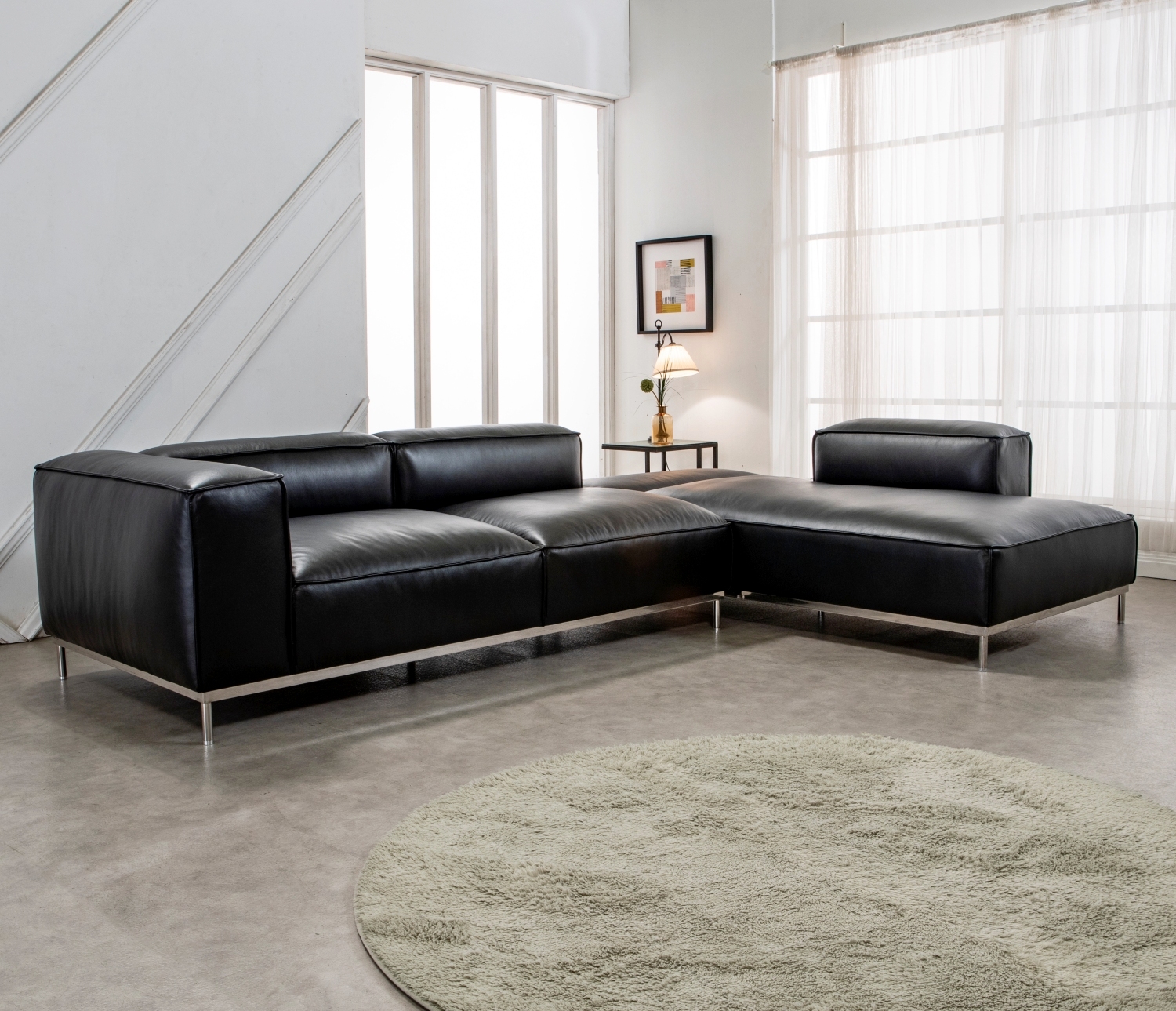 수아브 쎄이드 모던 가죽 소파 3인 카우치 천연 면피 소파 구스 통가죽