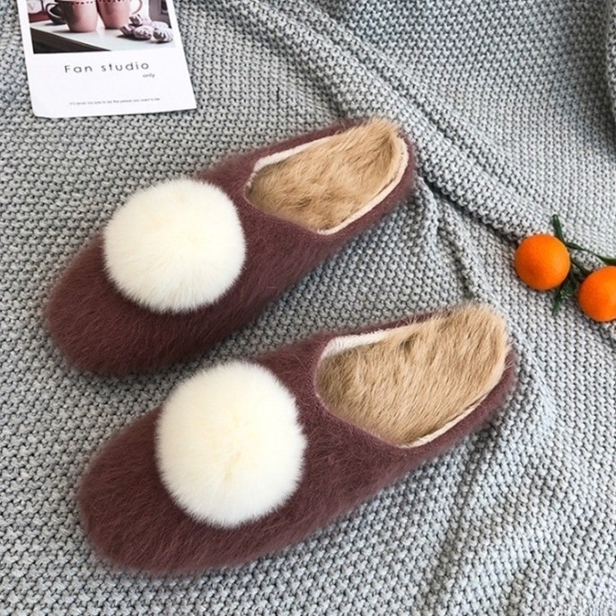 여성 겨울 털블로퍼 토끼 양털 퍼 뮬 블로퍼 슬리퍼 폼폼이 와인