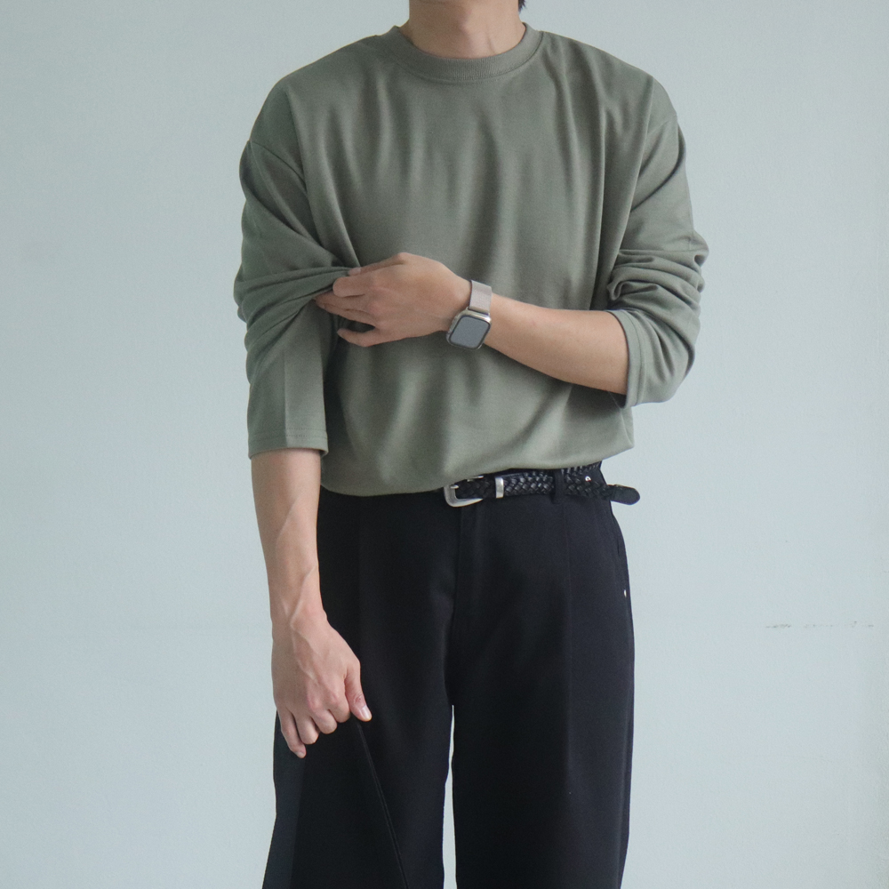 남자 긴팔티 오버핏 레이어드 이너 무지 흰색 티셔츠 - 상세 이미지 3