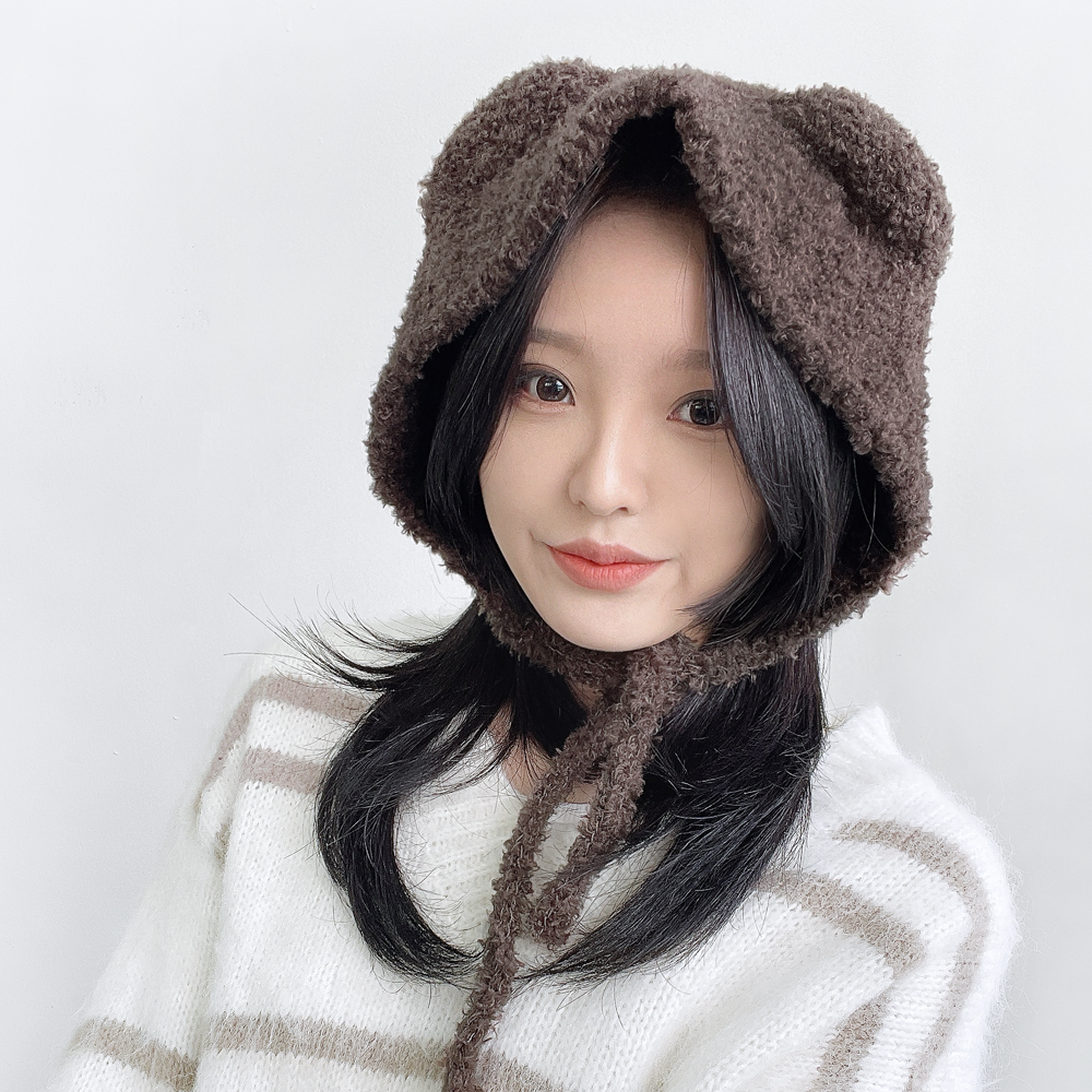 곰돌이 귀 뽀글이 양털 여성 겨울 방한 니트 머플러 귀마개 귀도리 모자 - 상세 이미지 3