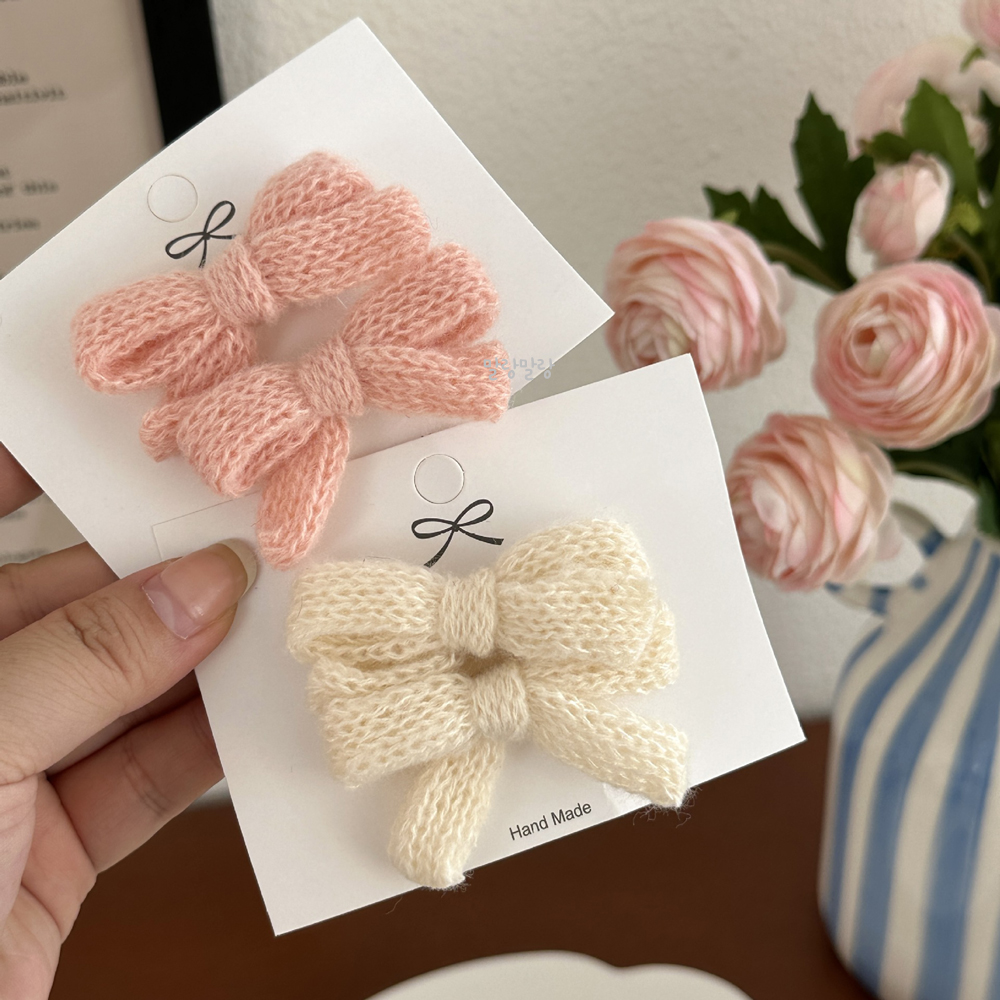 양모 리본삔 귀여운 털집게핀 세트 겨울 옆머리핀 - 상세 이미지 4