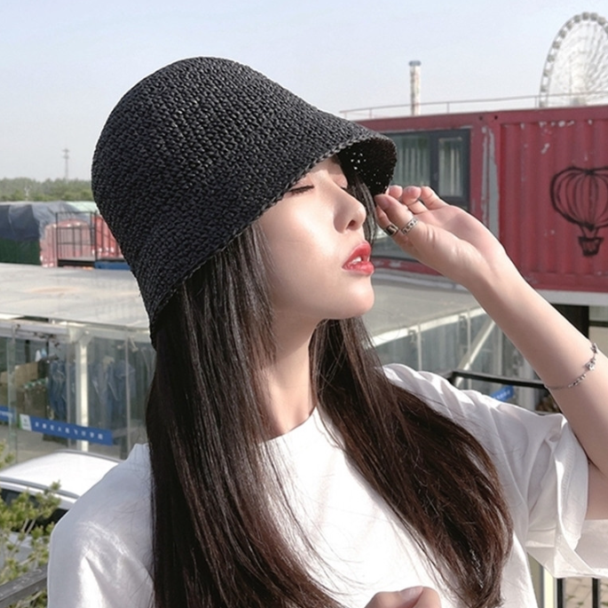 여성 버킷햇 벙거지 라탄 린넨 왕골 밀짚 벨크로 블랙 여름 모자