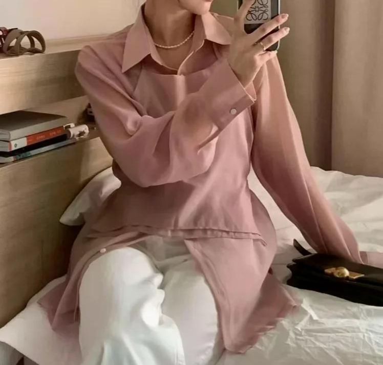 여친 출근 긴팔 셔츠 홀터넥 캐주얼 여성 넥 접이식 백 조끼 여성용 투피스 세트 핑크 S - 상품 이미지