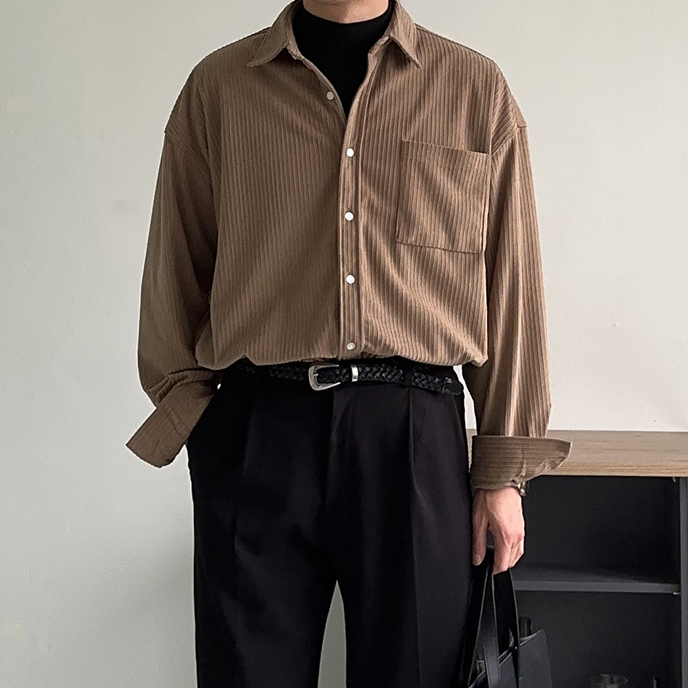 남자 골덴 코듀로이 셔츠 오버핏 가을 겨울 남방 남자 셔츠 - 상세 이미지 2