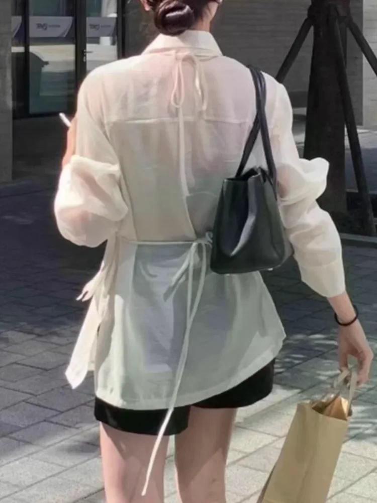 여친 출근 긴팔 셔츠 홀터넥 캐주얼 여성 넥 접이식 백 조끼 여성용 투피스 세트 핑크 S - 상세 이미지 5