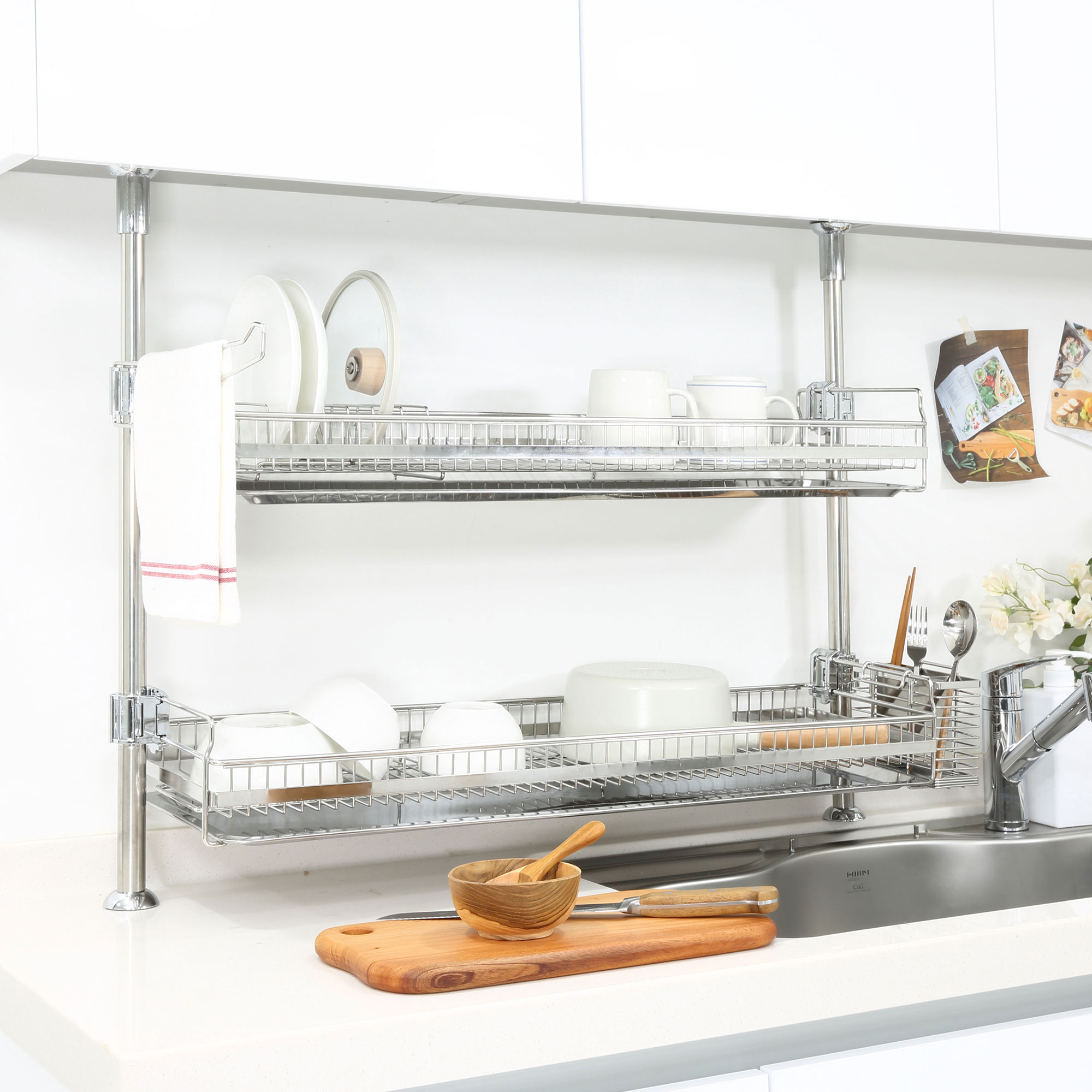 아이넥스 아크로 프리미엄 기둥식 2단 식기건조대 무타공 싱크대 선반 800