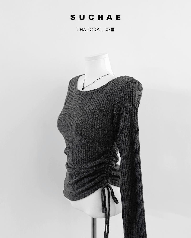 날씬/여리핏🖤오프숄더 보트넥 셔링 스트링 슬림핏 골지 티셔츠 상세 이미지 3