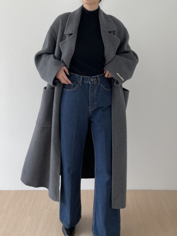 내피포함 카라넥 핸드메이드 울 루즈핏 롱 코트 여성 겨울 상세 이미지 14