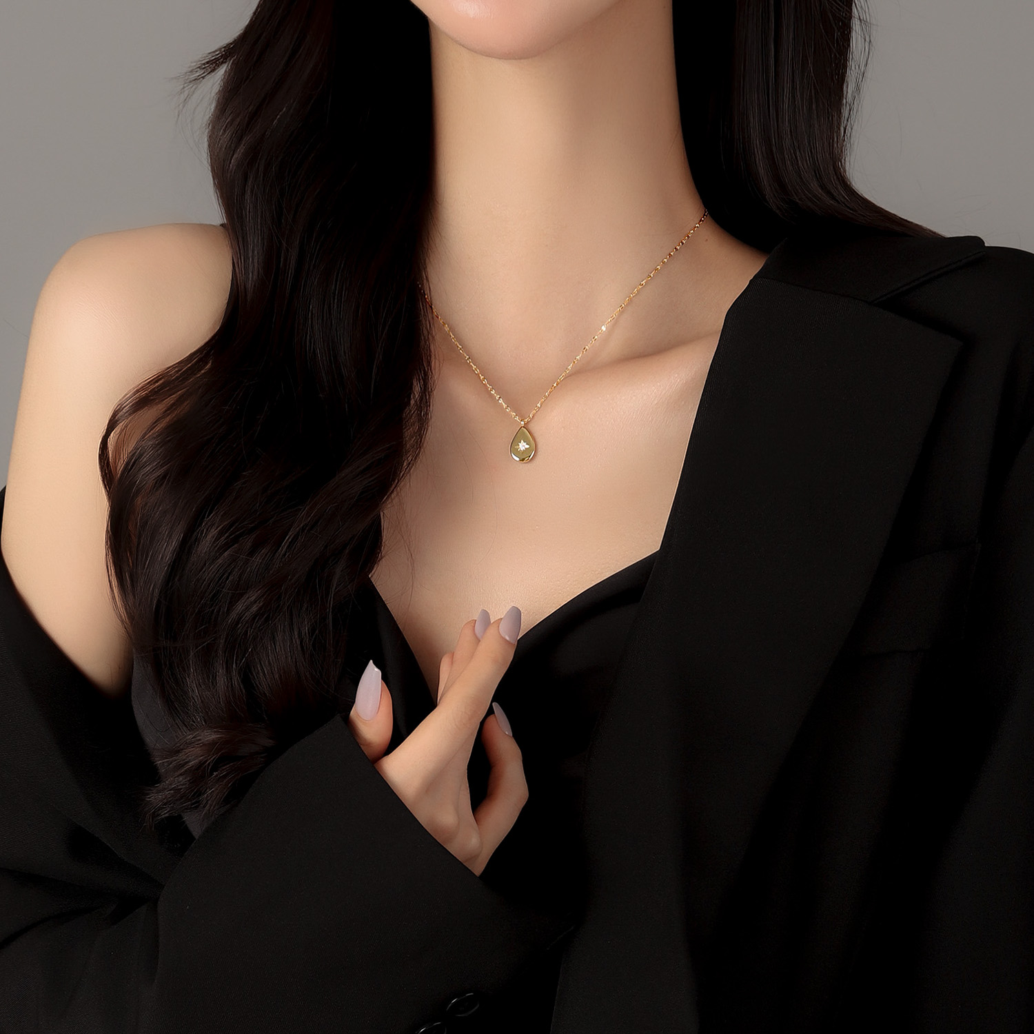 [당일출고] 물방울 팬던트 크리스탈 큐빅 포인트 슬림 체인목걸이 [실버 골드] N575 - 상세 이미지 3