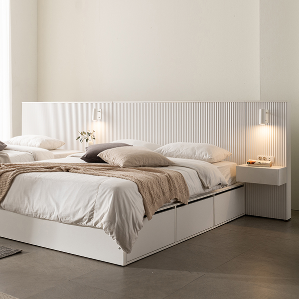 스칸디아 에센셜 템바보드 LED 조명 호텔 수납침대+협탁 2EA / 매트리스 제외 Q/K