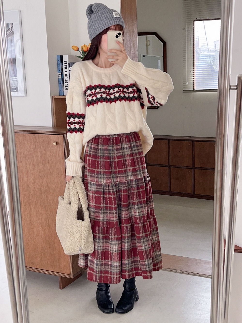 겉기모 체크 캉캉 플레어 겨울 밴딩 여성 롱스커트 이미지 6