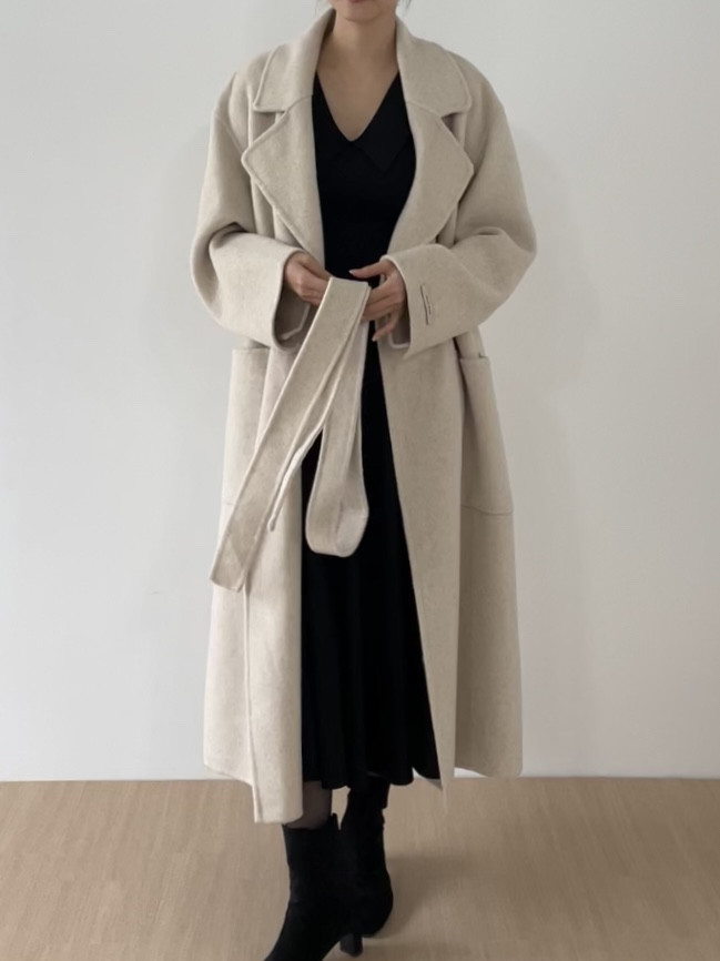내피포함 카라넥 핸드메이드 울 루즈핏 롱 코트 여성 겨울 상세 이미지 6