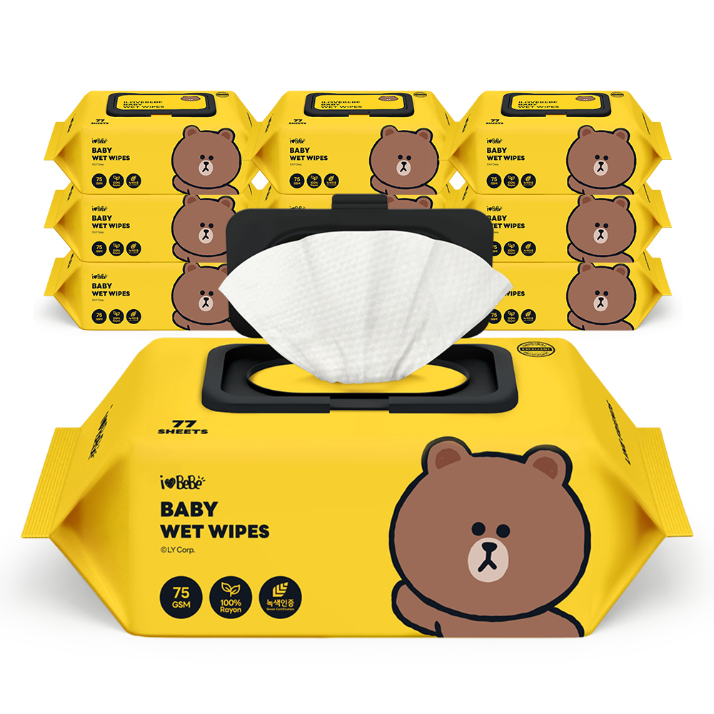 아이러브베베 라인프렌즈 브라운 생분해원단 77매 75g 10팩 캡형 아기물티슈